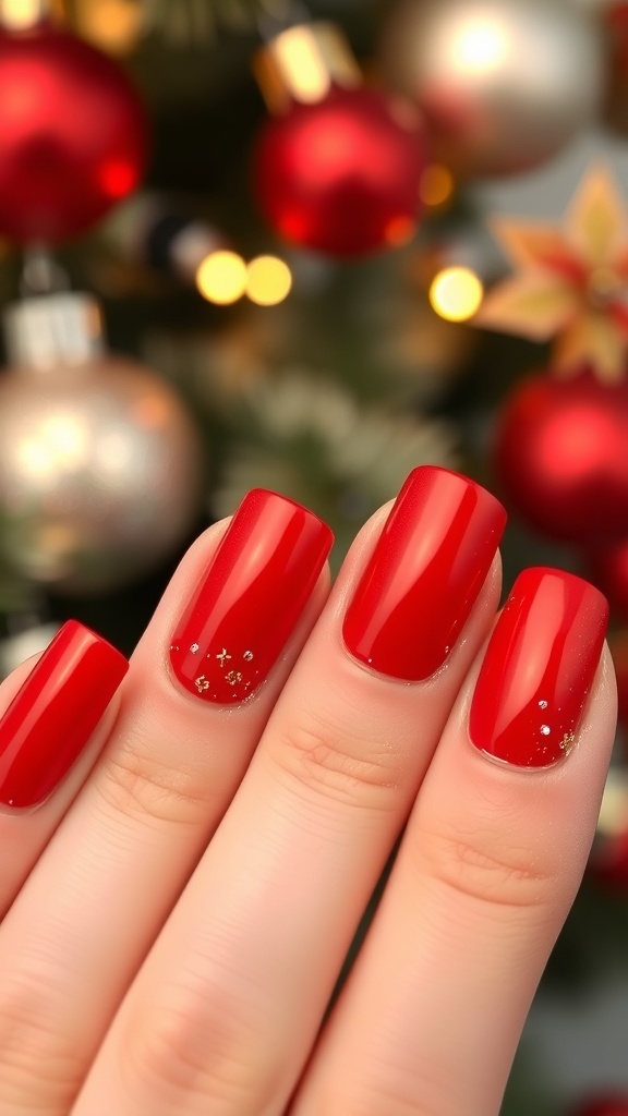 Short nails painted in Christmas red with gold glitter accents, set against a festive holiday background.